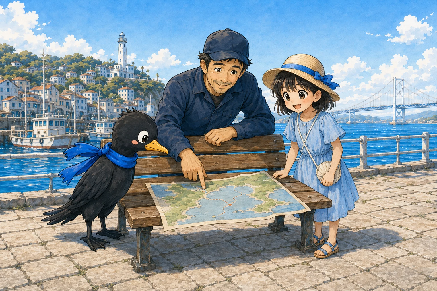 港で地図を広げるみうらんと仲間たち